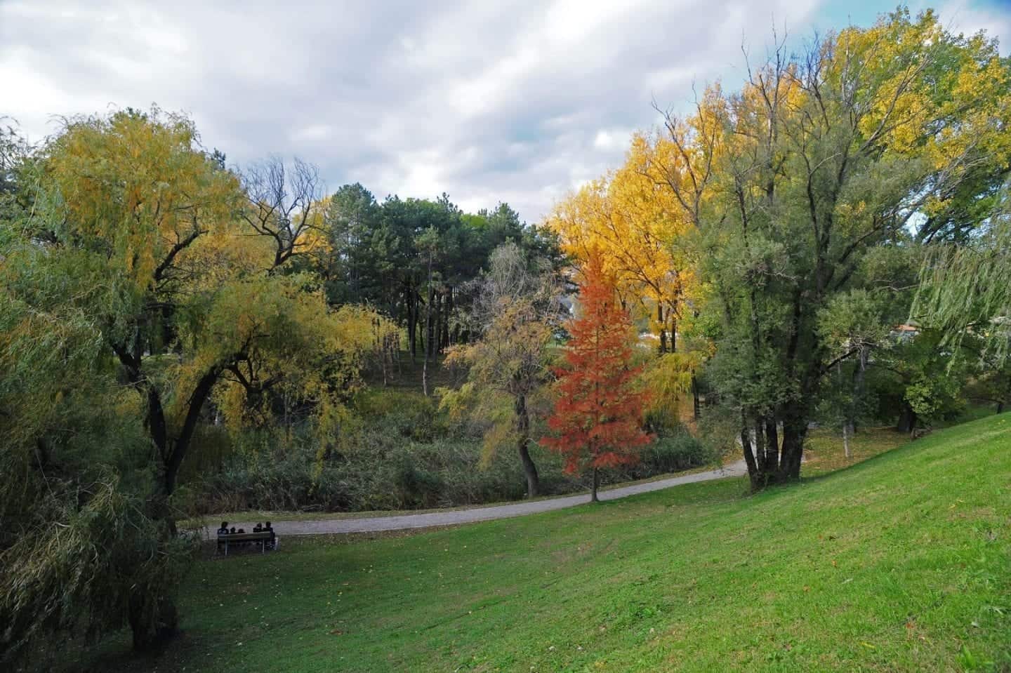 Las mejores atracciones de Nova Gorica, parque montañoso en otoño con un banco de parque ocupado