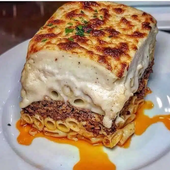 Diez platos tradicionales para probar en Grecia, primer plano de una porción de plato griego pastitsio con pasta y salsa bechamel en un plato blanco