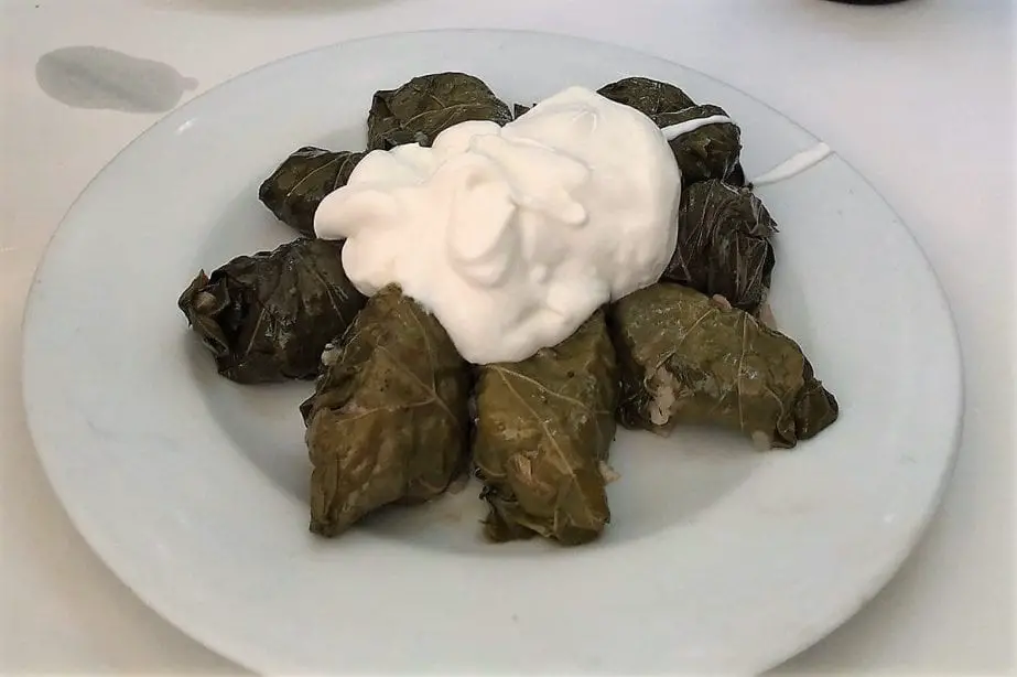 Deliciosos platos griegos comunes, carne cuidadosamente arreglada envuelta en hojas de vid debajo de una generosa porción de salsa blanca en un plato blanco
