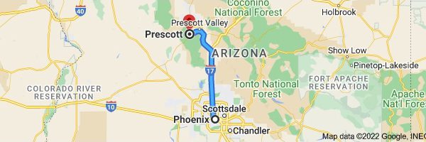 Mapa de ruta de Phoenix a Prescott
