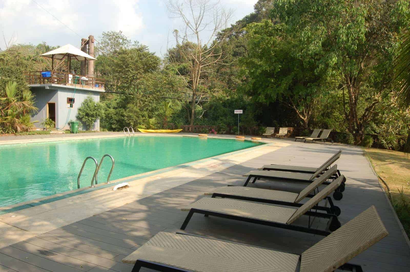 Hoteles en Kerala, India, piscina exterior con tumbonas y muchos árboles