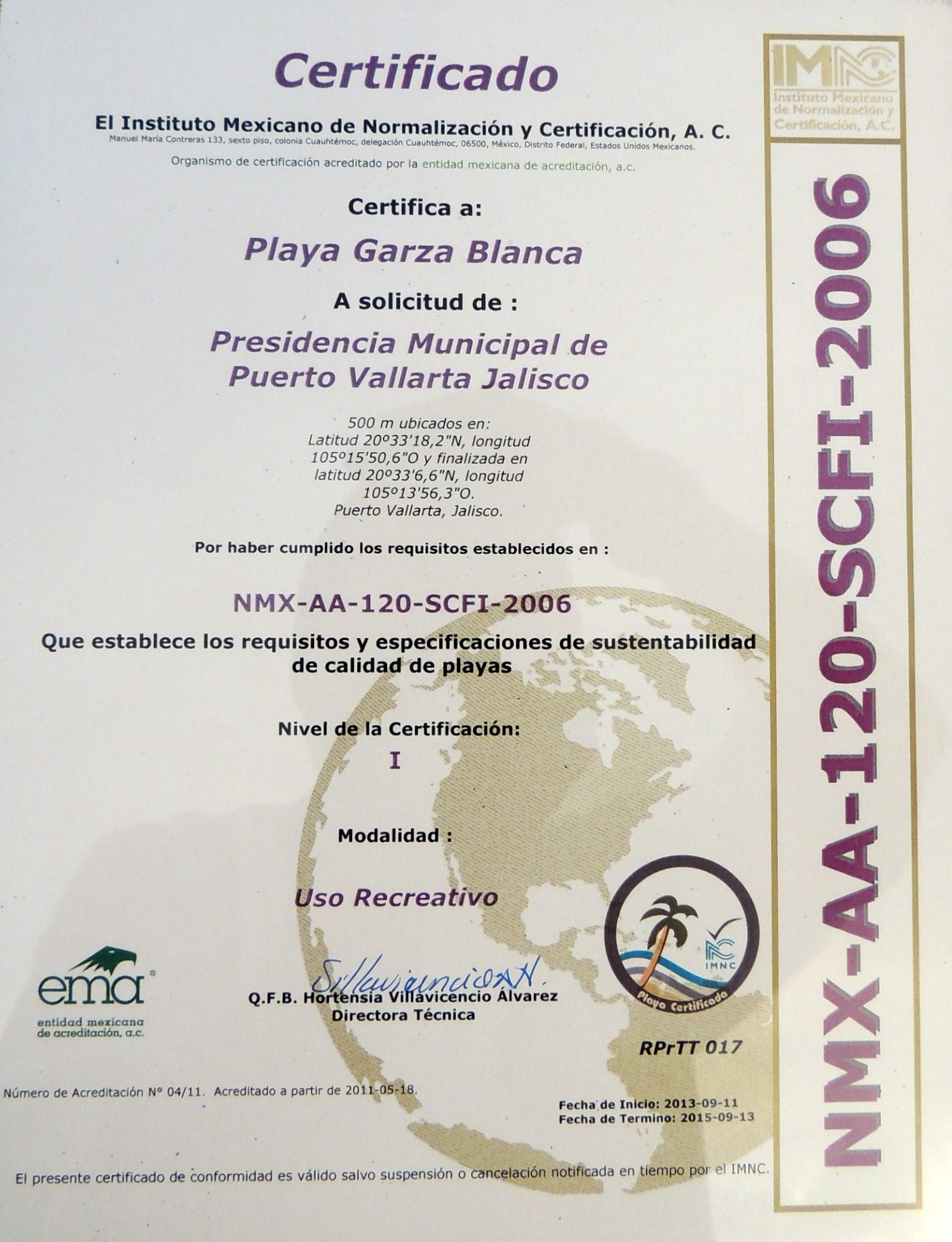 Playa Garza Blanca recibe certificación oficial