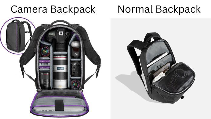 una mochila con cámara y una mochila normal, una al lado de la otra