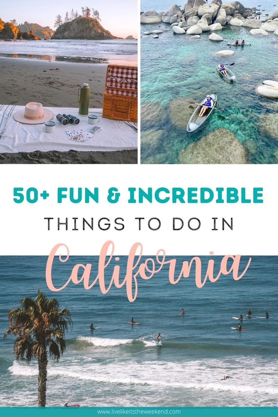 Portada de pin para publicación de blog sobre más de 50 cosas divertidas para hacer en California