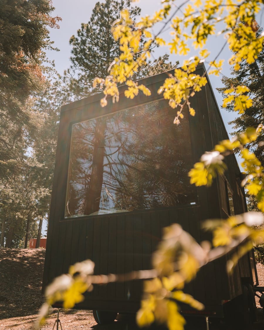 Vista de la cabaña Getaway con hojas brillando al sol 